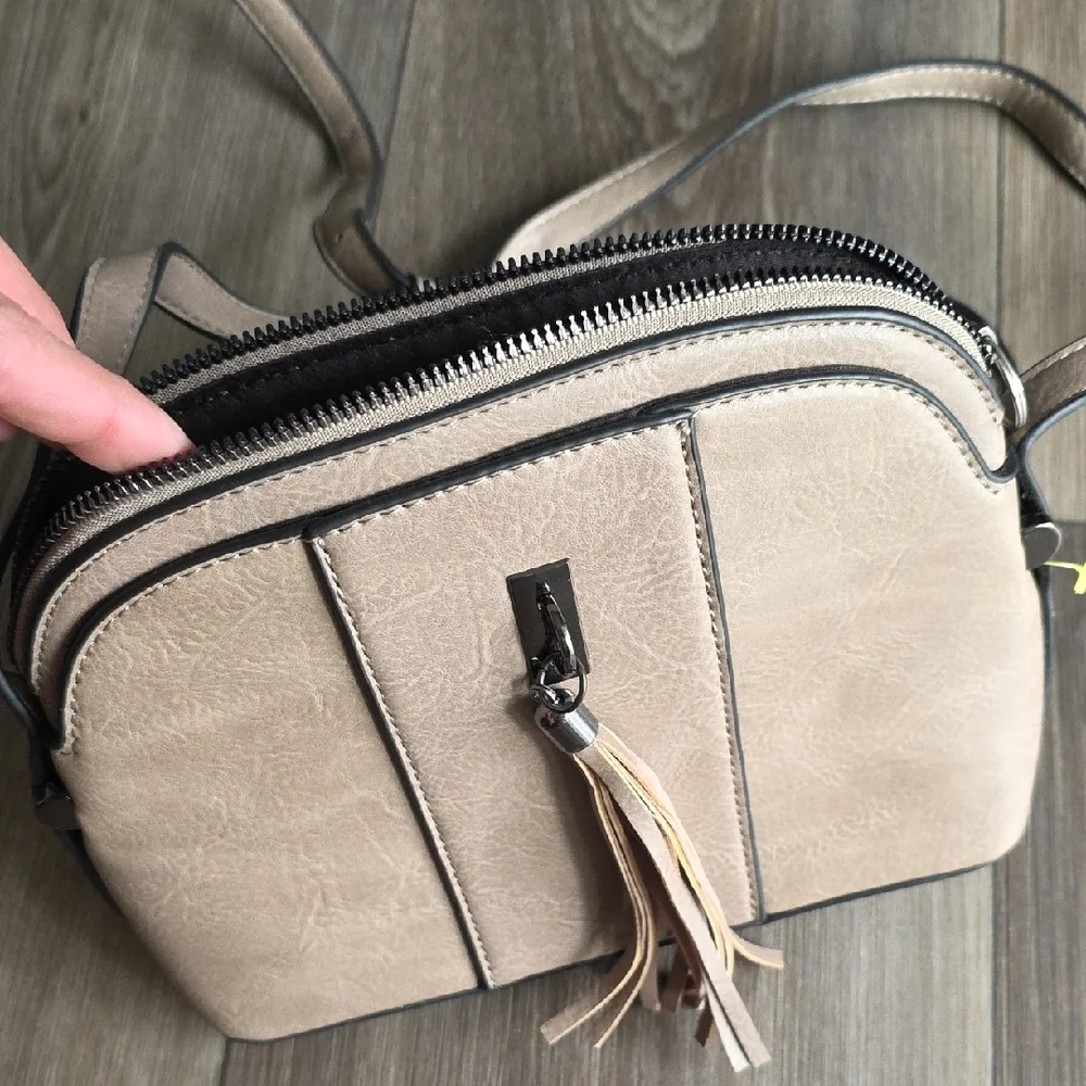 Elegant Taupe Crossbody Bag with Tassel